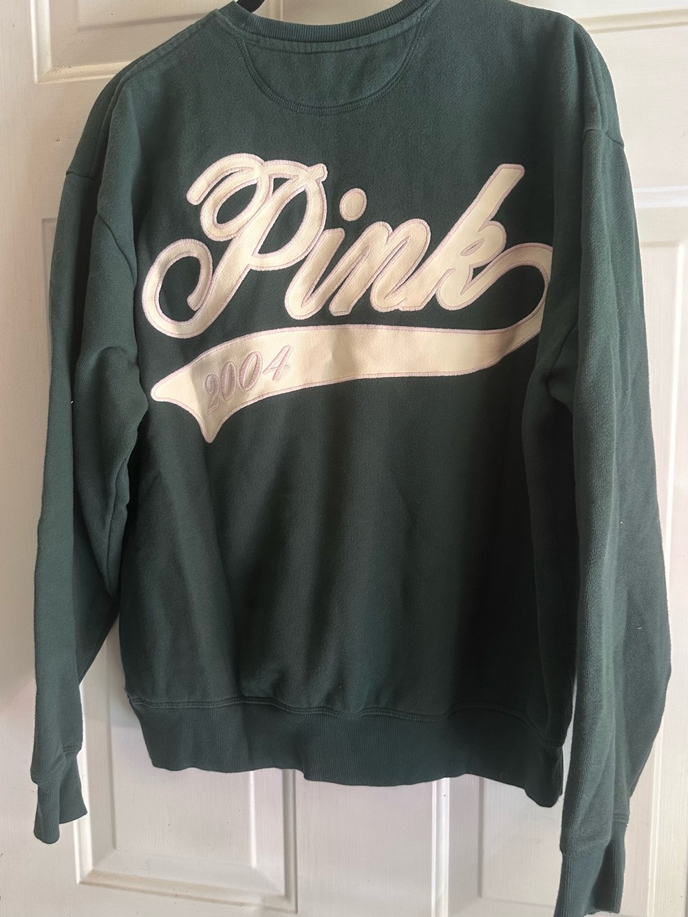 PINK Victoria's Secret Dark Green Crewneck Sweatshirt with Pale Pink Script